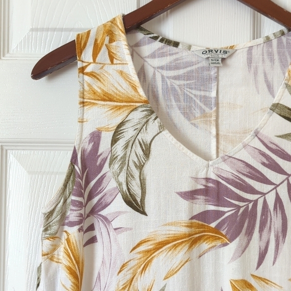 Orvis Tropical Leaf Printed Linen Blend Sleeveless V-neck Mini Dress White Small - Picture 4 of 12